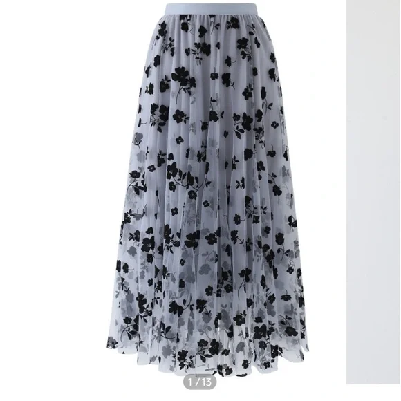 NWOT Chicwish 3D POSY LINED DOUBLE-LAYERED MESH MIDI SKIRT IN DUSTY BLUE XS - Picture 7 of 14